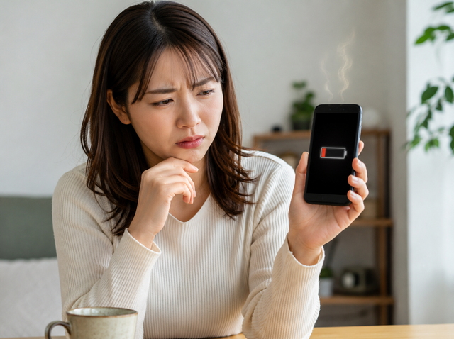 スマホを持ちながら、バッテリーが劣化していて困っている日本人女性