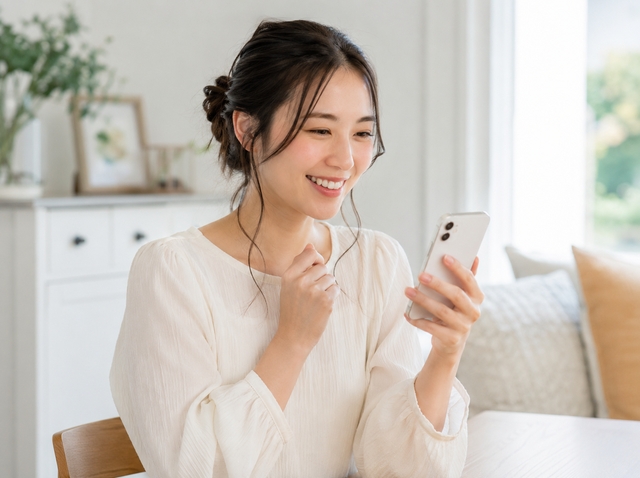 スマホを持って安心して微笑んでいる日本人女性のイメージ画像