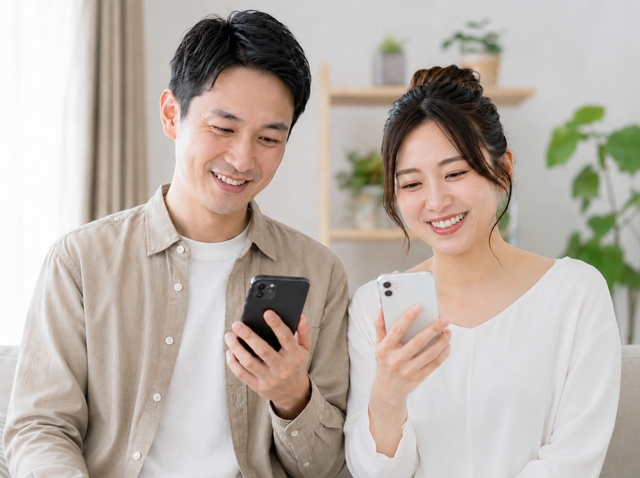スマホを持って安心して微笑んでいる日本人男女のイメージ画像