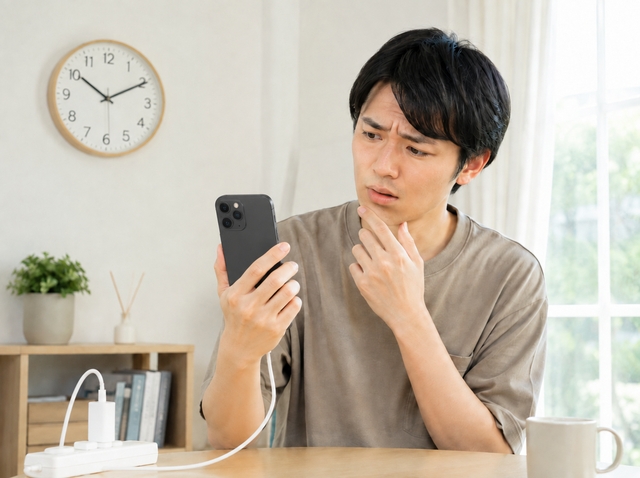 スマホを持ちながら、いつまで経っても充電が増えなくて困っている日本人