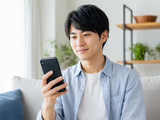 安全な状態のスマホを持っている日本人画像